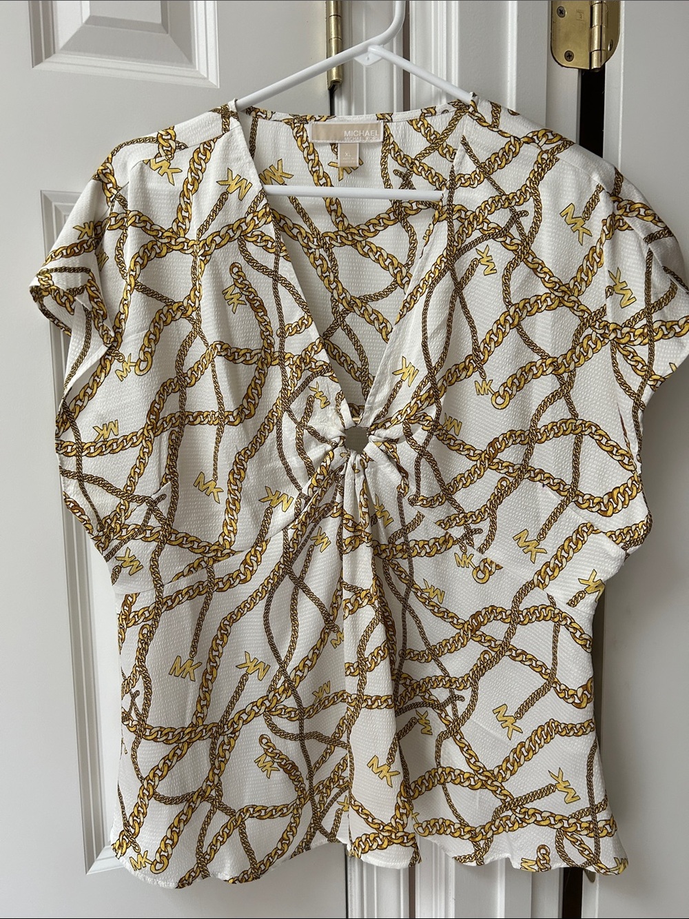 Michael Kors White Top with Gold & Brown Chain Print Twist Front